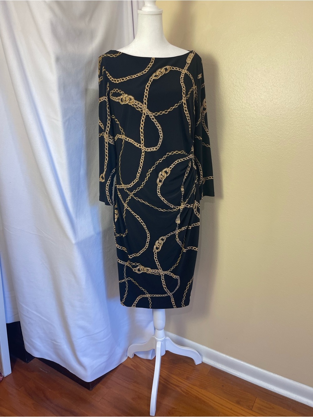 Lauren Ralph Lauren Black Gold Chain Print Faux Wrap Dress 14 Stretchy Ruched